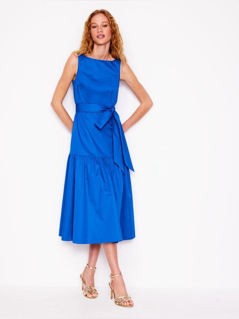 Boden Deep Tier Fit & Flare Dress Bright Blue Sleeveless Tiered Midi w/ Pockets